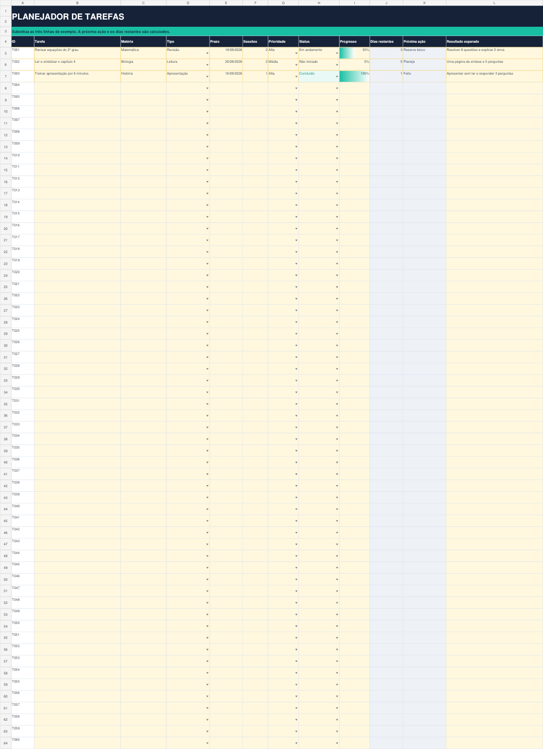 Tela de planejamento e sessões do planner